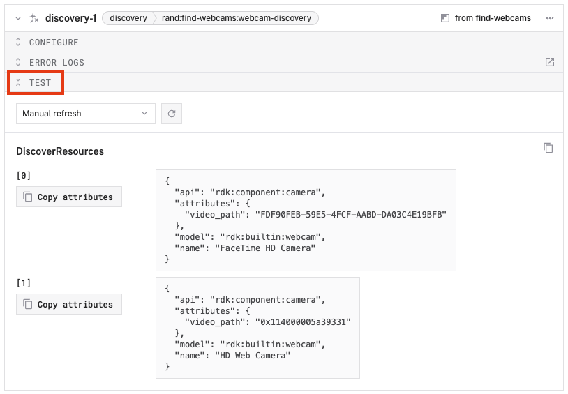 The test panel for the find-webcams service.